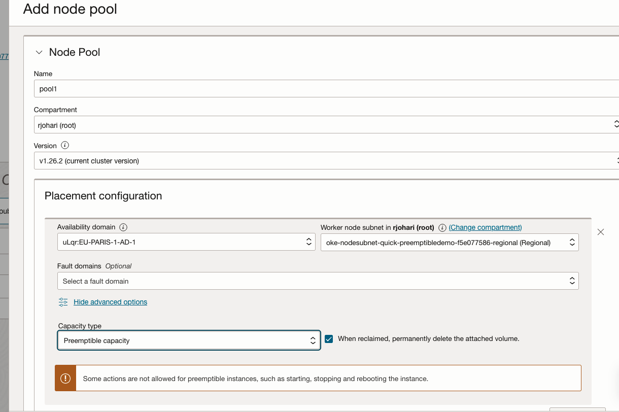 A screenshot of the Add Node Pool screen showing the Placement Configuration section with preemptible capacity selected for the capacity type.