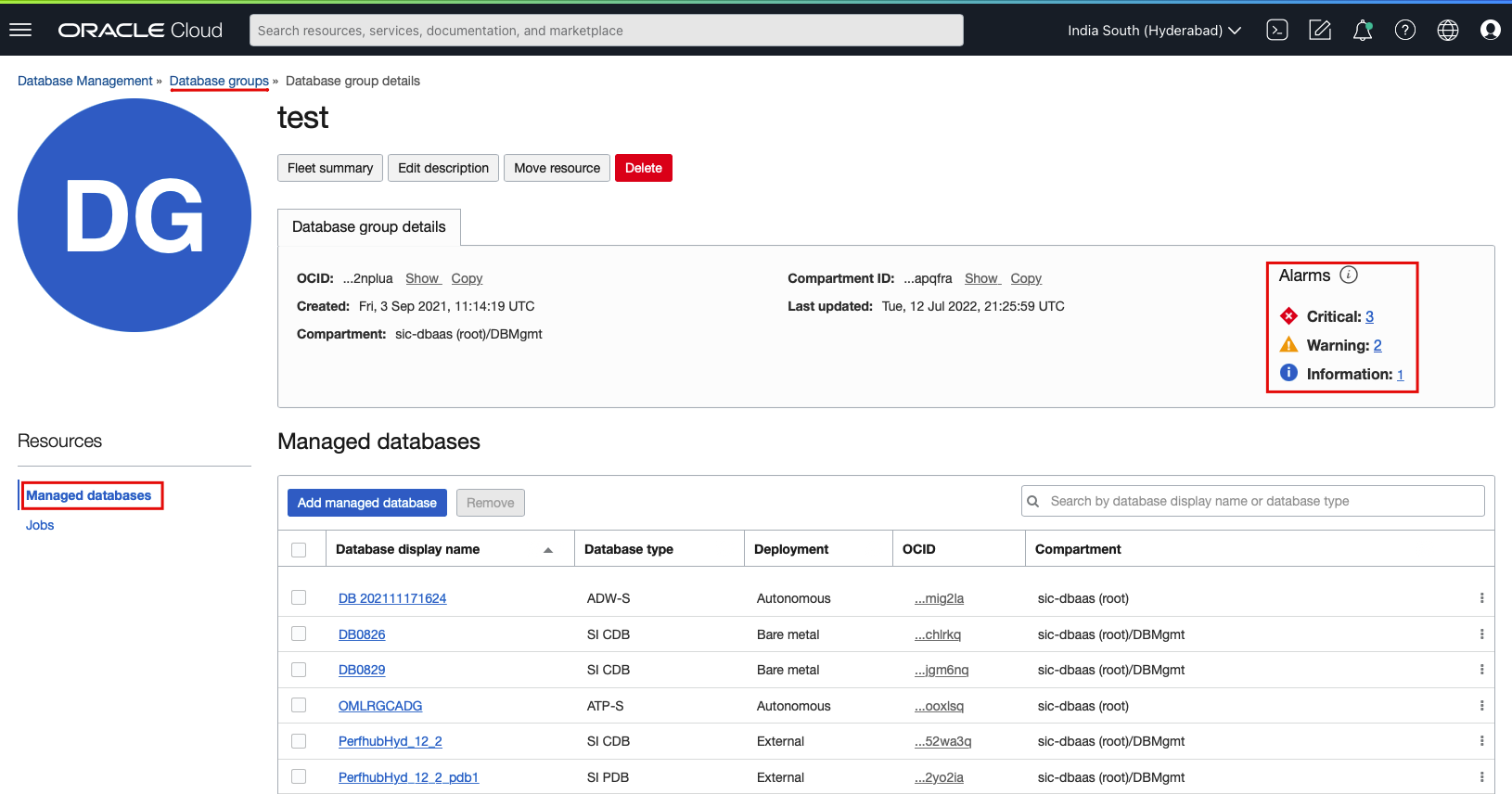 Alarms on Database Groups