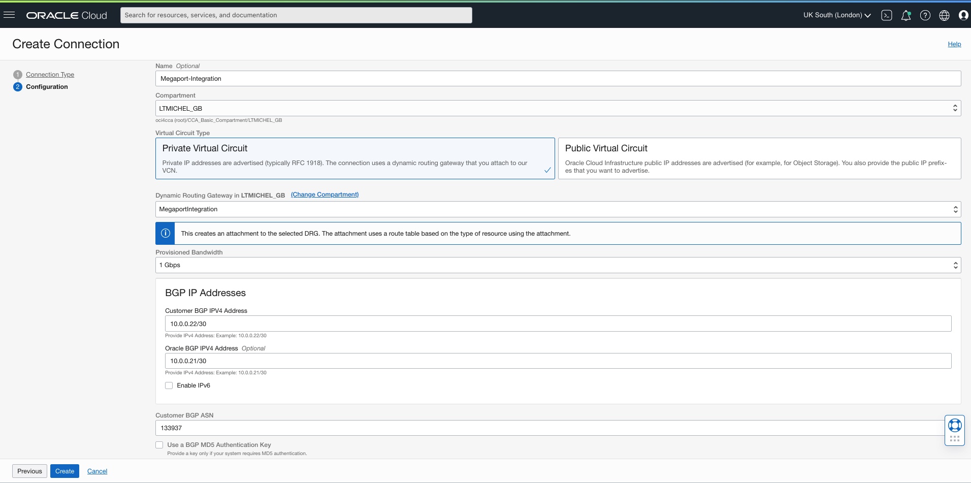 A screenshot of the Create Connection page with the details filled in.