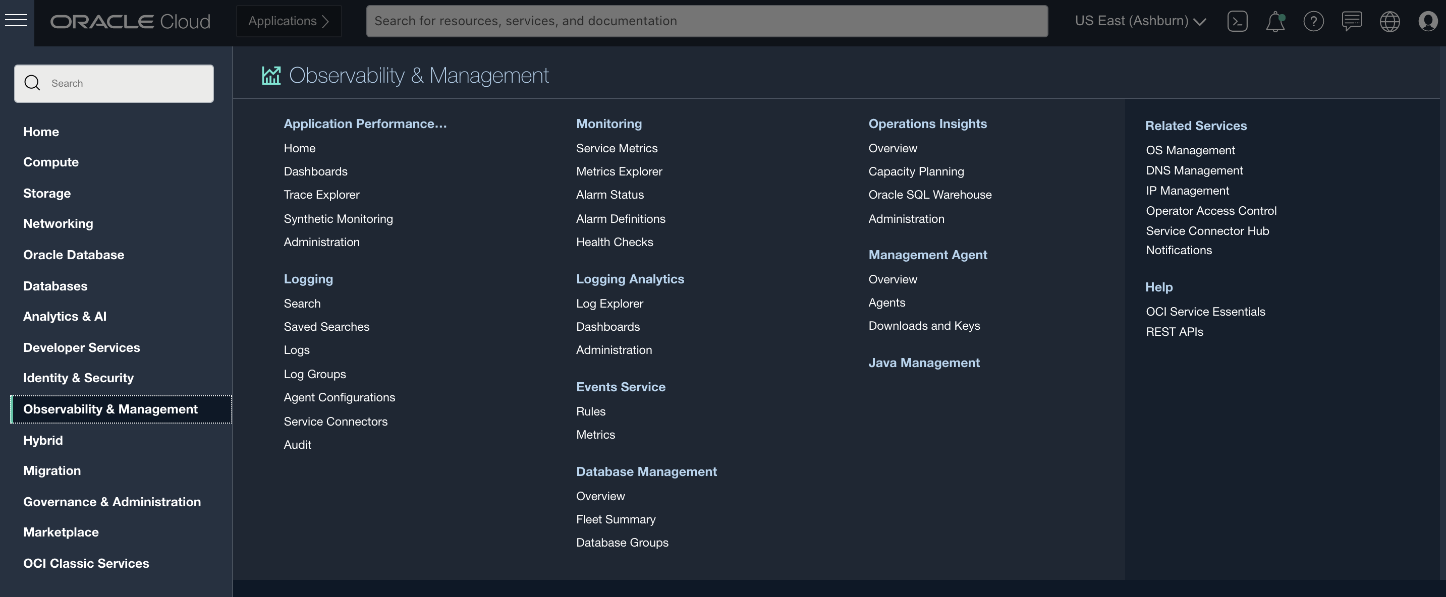 A screenshot of Observability and Management in the Oracle Cloud Console.
