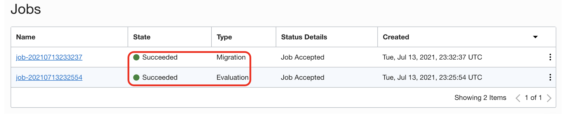 A screenshot of the Jobs section, showing three jobs, with the Type results of Migration and Evaluation circled in red.