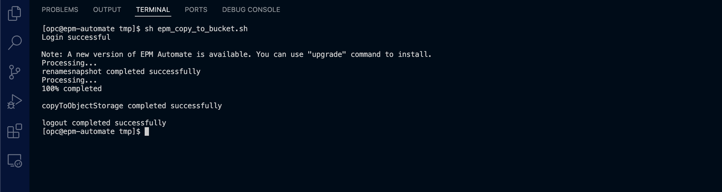 A screenshot of the output for copying to Object Storage.
