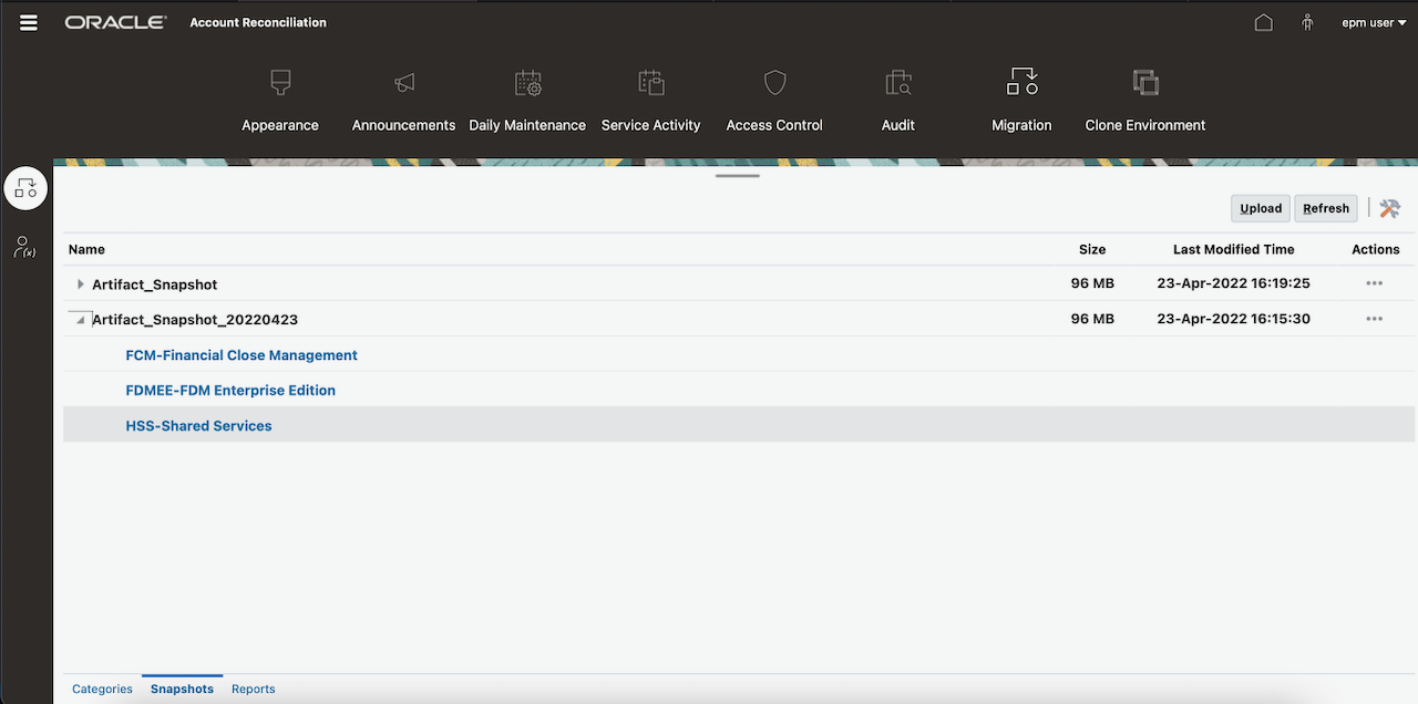 A screenshot of the available backups of EPM Cloud.
