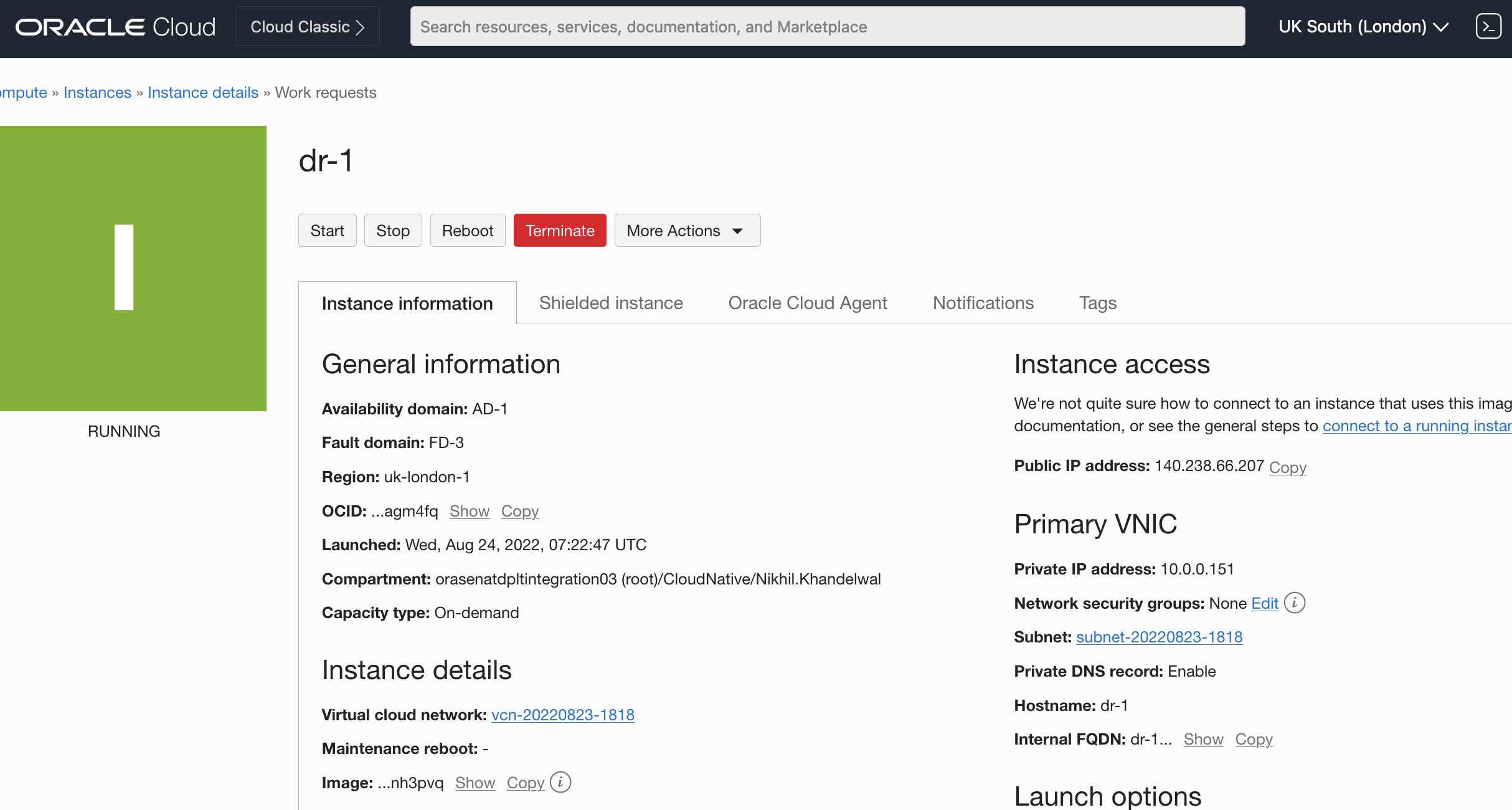 A screenshot of the Work Requests page on the Instance Information tab.