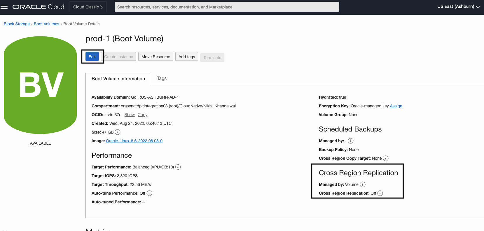 A screenshot of the Boot Volume Details page with the edit button outlined in black.