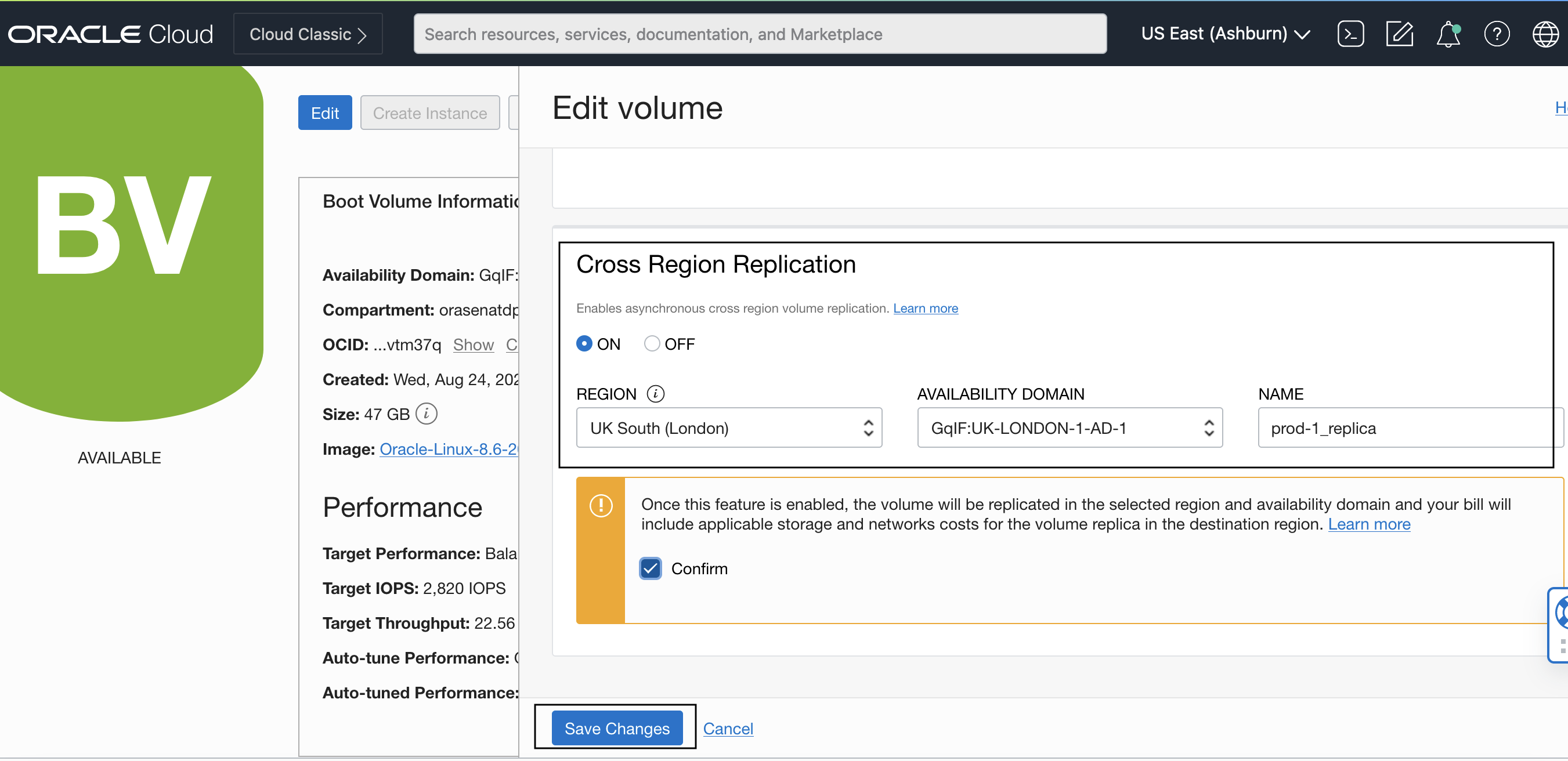 A screenshot of the Edit Volume page showing the Cross Region Replication selection on and the Save Changes button outlined in black.
