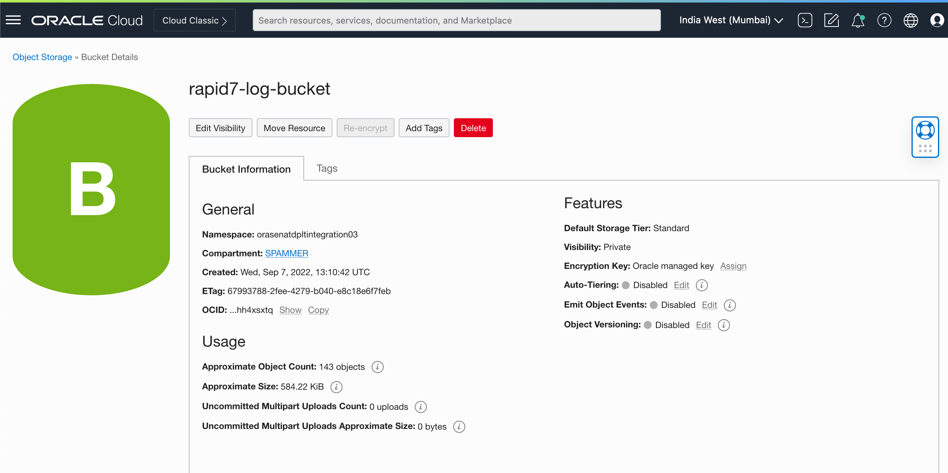 A screenshot showing the Bucket Details page in the Oracle Cloud Console showing the log object storage bucket.