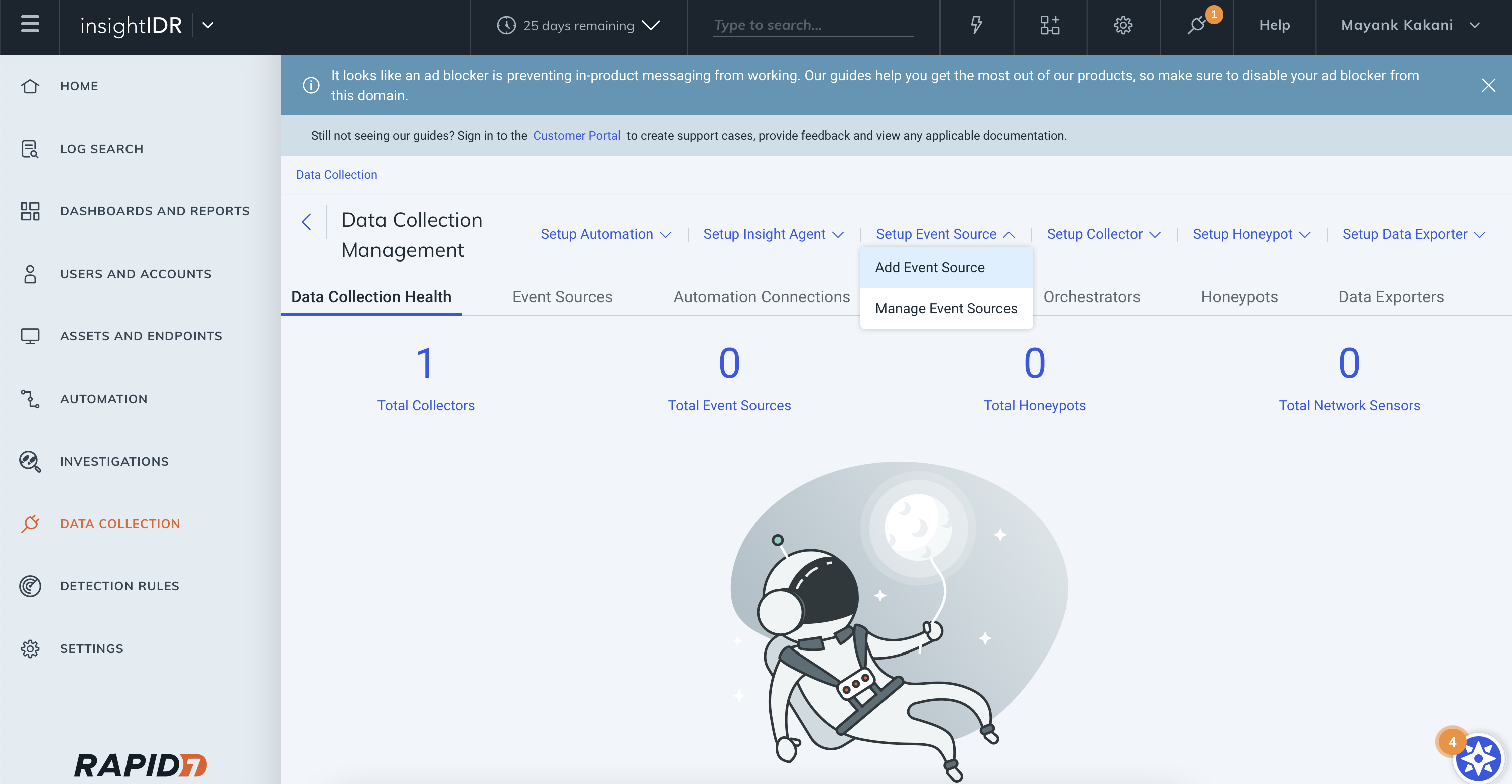 A screenshot of the Data Collection page in insightIDR, showing the event source.