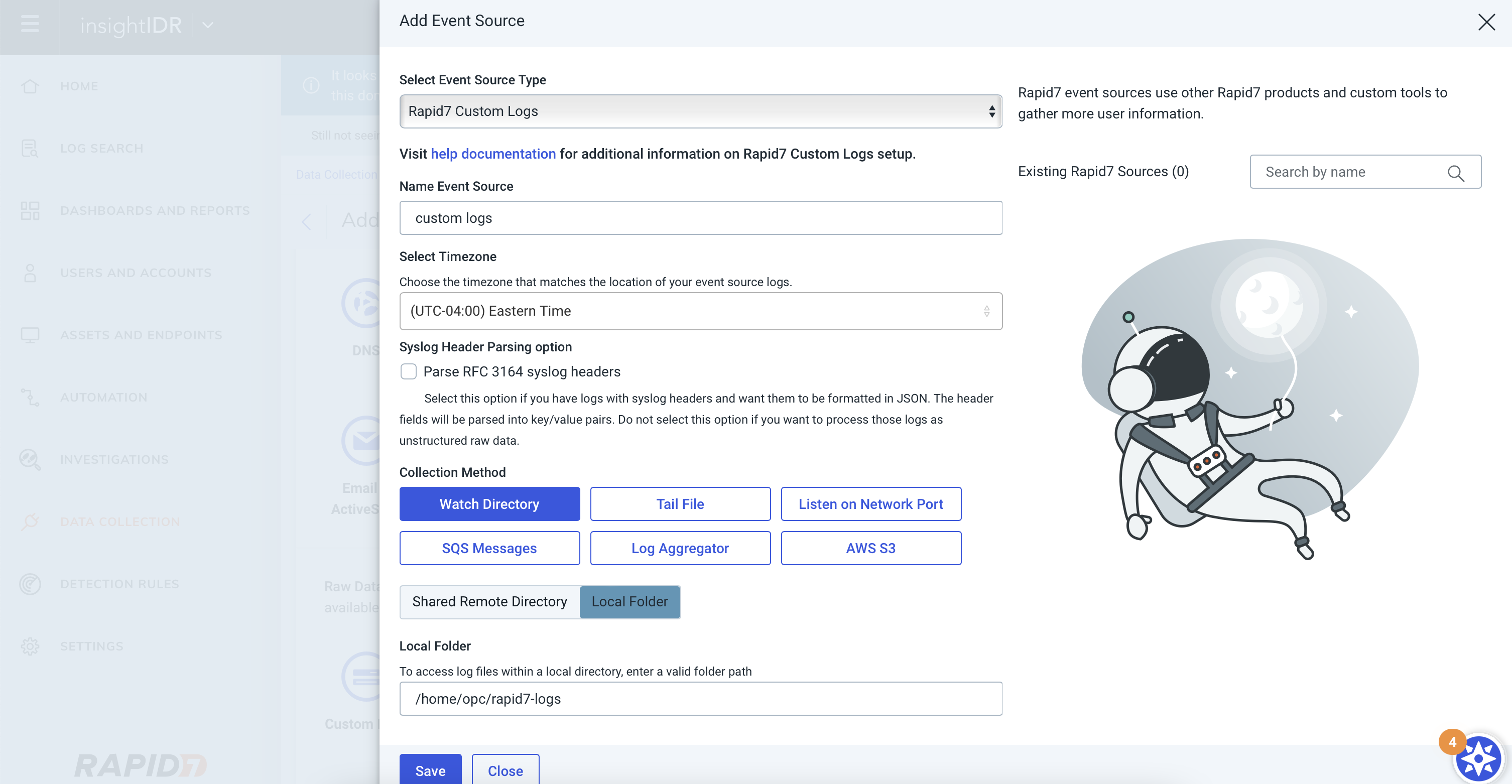 A screenshot of the Add Event Source oage showing the setup of custom logs.