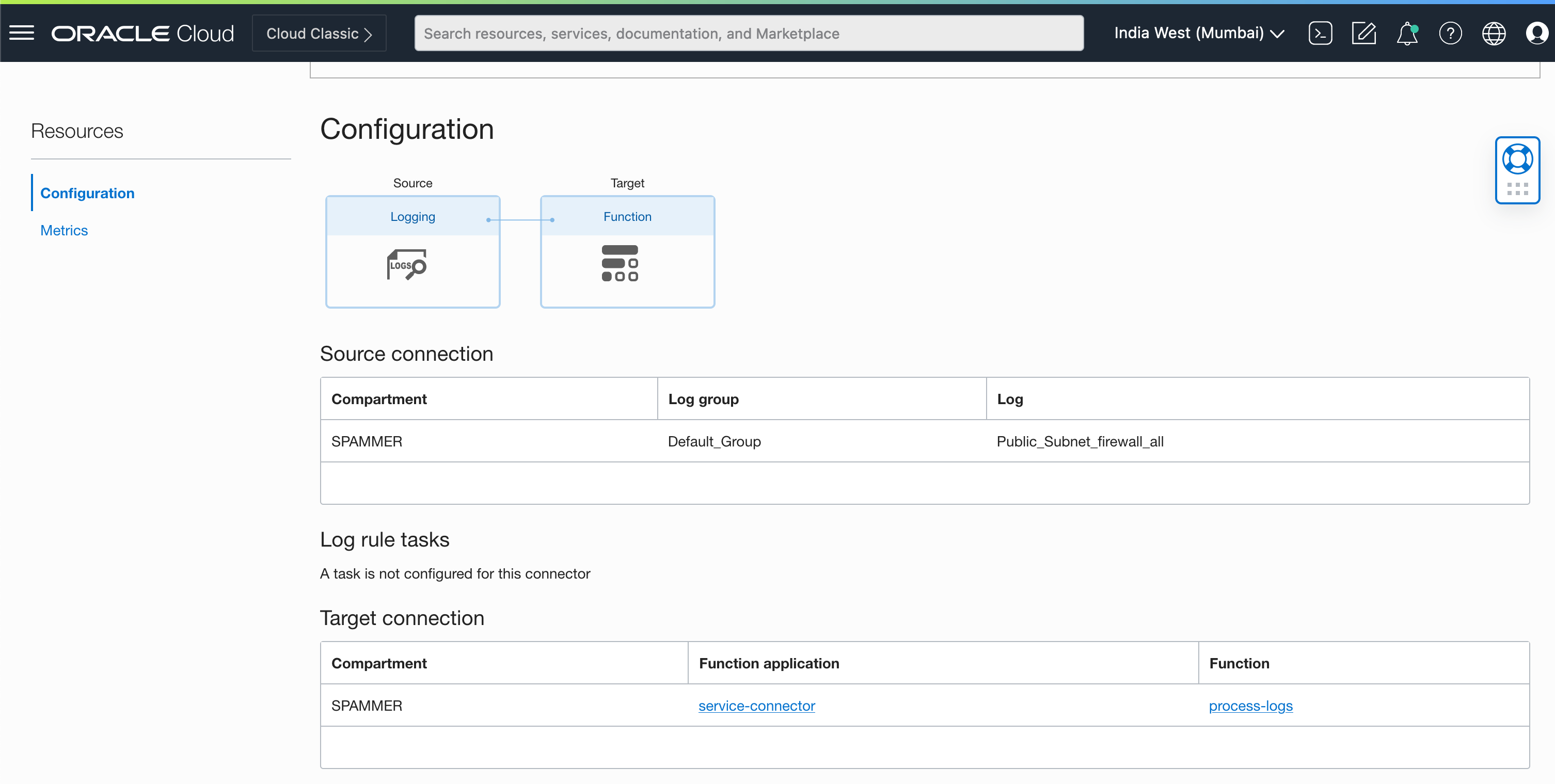 A screenshot of the Configuration page for the log service connector. 
