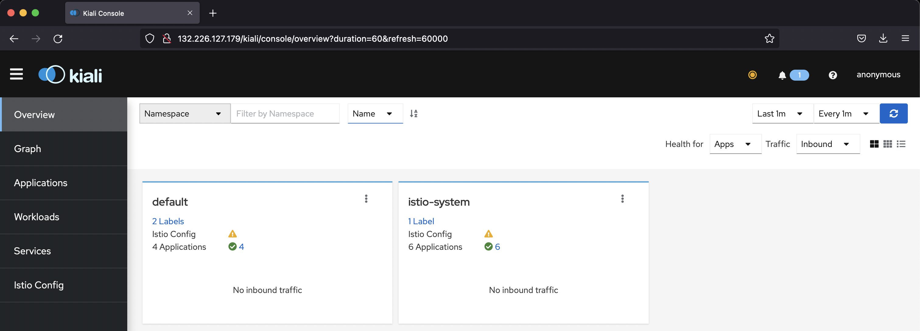 A screenshot of the Kiali dashboard, showing a default node and the example istio-system.
