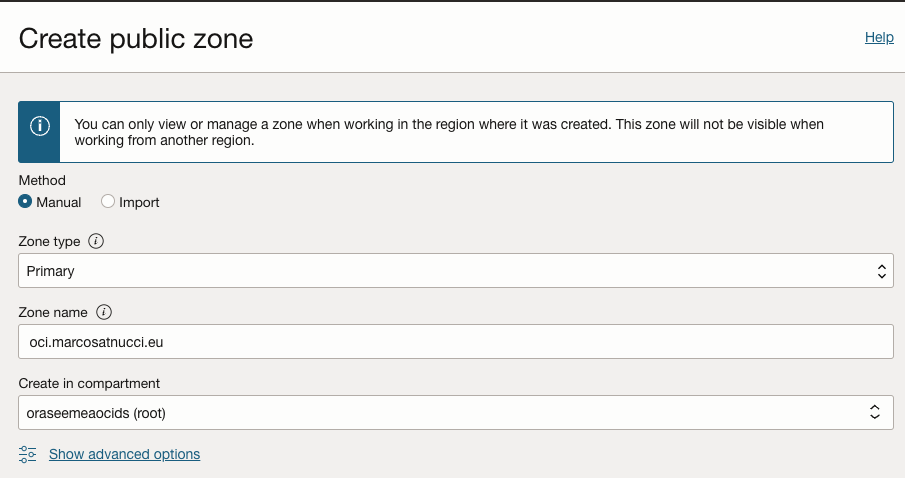 A screenshot of the Create public zone screen with the fields filled in.
