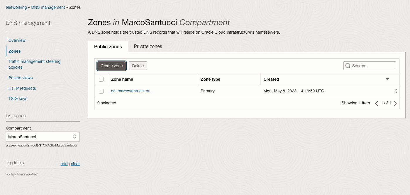 A screenshot of the Zones page in the DNS Management section of the Oracle Cloud Console.