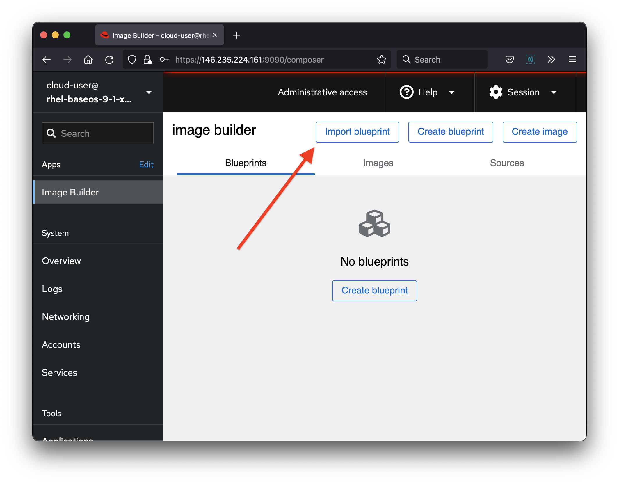 A screenshot of the image builder web console with a red arrow pointing to the import blueprint button.