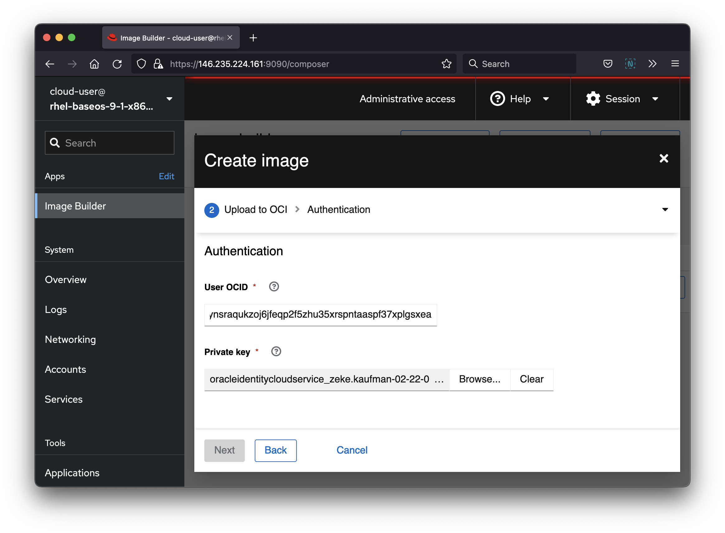 A screenshot of the Create Image window showing the authentication options.