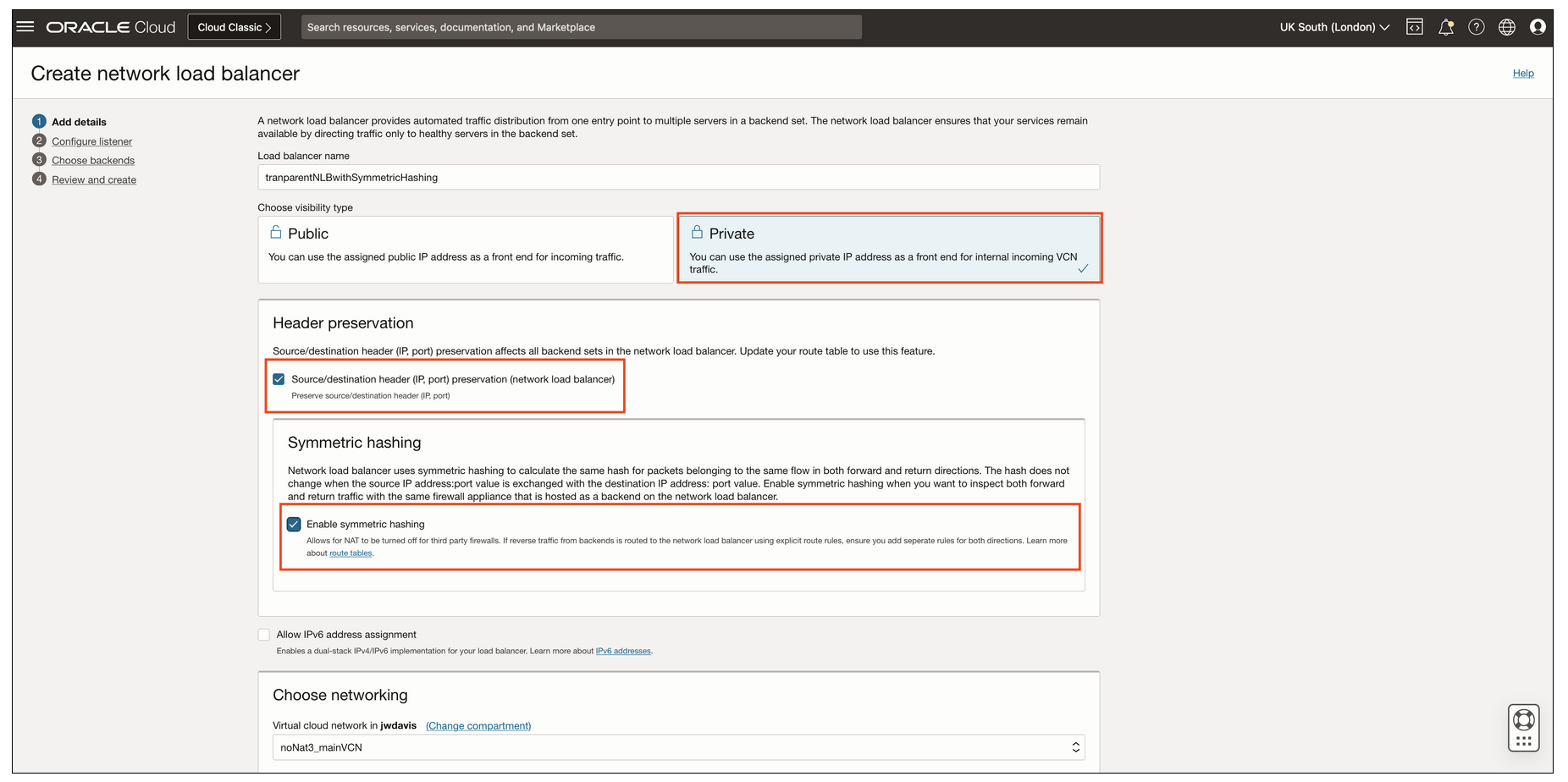 Configuration details for enabling symmetric hashing in the Oracle Cloud Console.