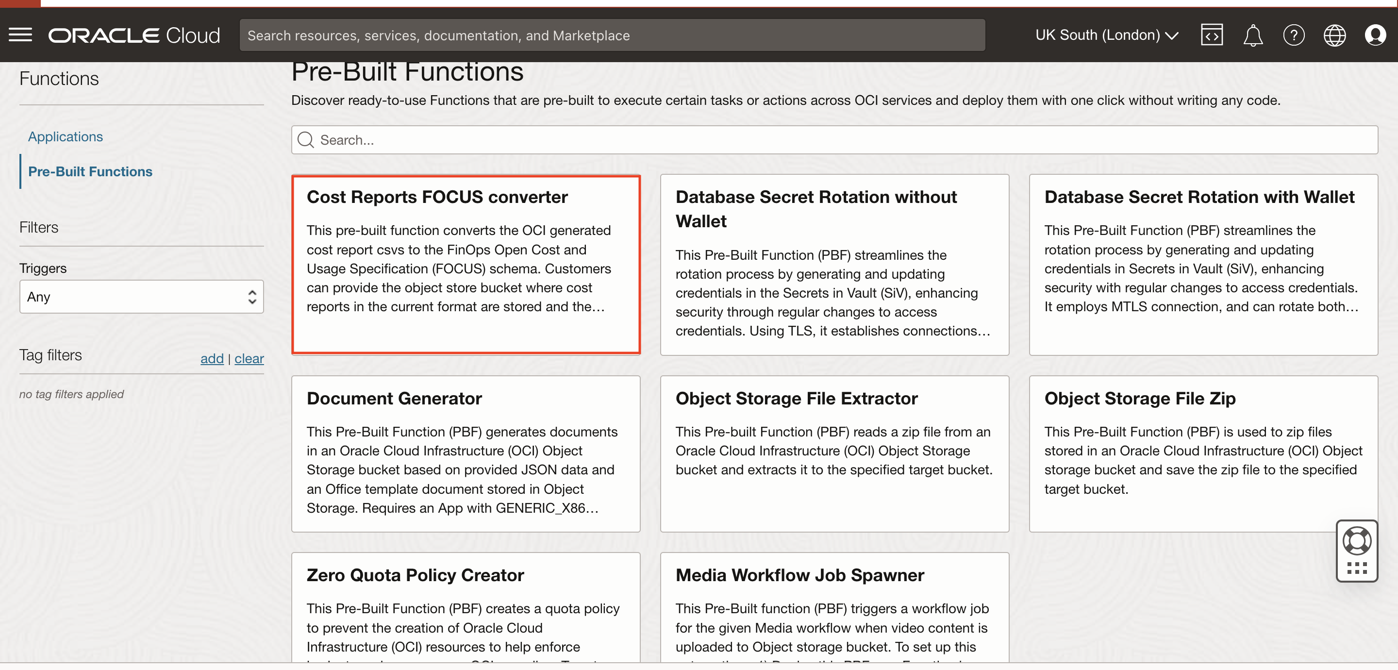 Prebuilt Functions in the Console with the option for Cost Reports FOCUS converter highlighted.