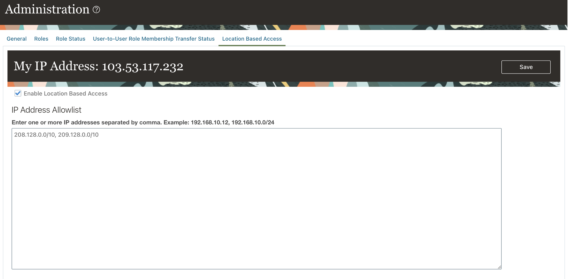 The IP address allowlist in the Administration section of the Oracle Cloud Console.
