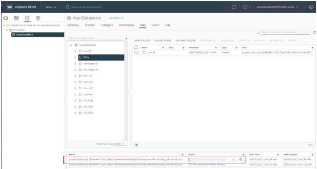 A screenshot of the ISOs page in the vsanDatastore page with the name and upload bar of the iso outlined in red.