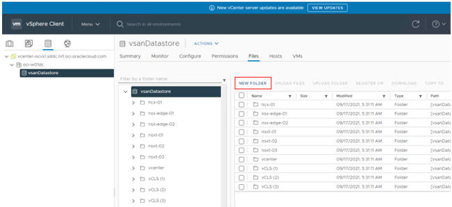 A screenshot of the Files tab of the vsanDatastore with the New Folder button outlined in red.