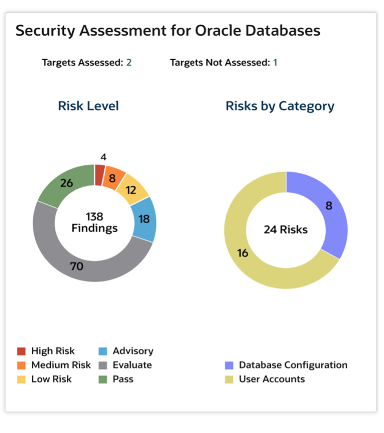Screenshot of the Security Assessment for Oracle Databases with risk levels and risks by category as an example of the new features.