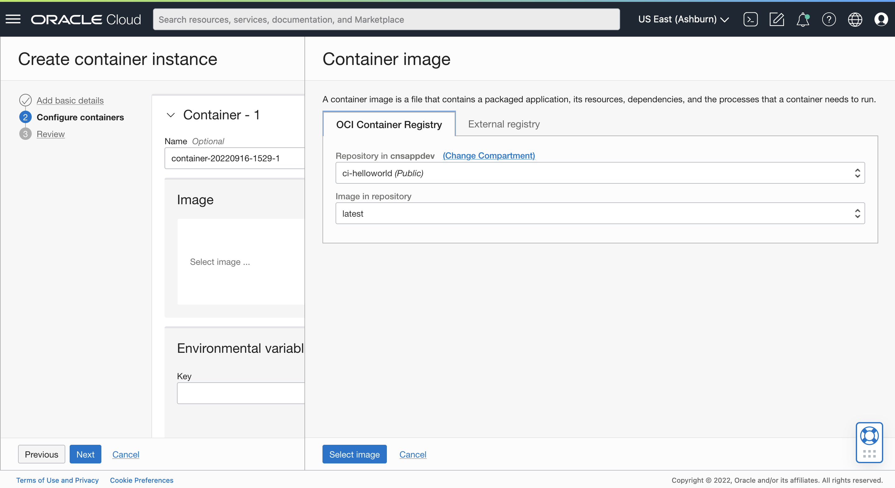A screenshot of the Container Image page in the Configure Containers tab of the Create Container Instance page.