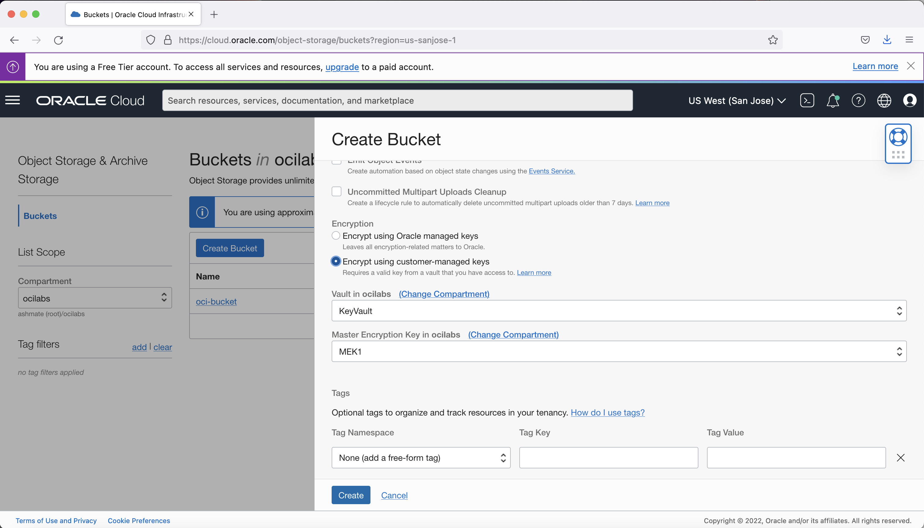 A screenshot of the Create Bucket window with the vault and MEK selected.