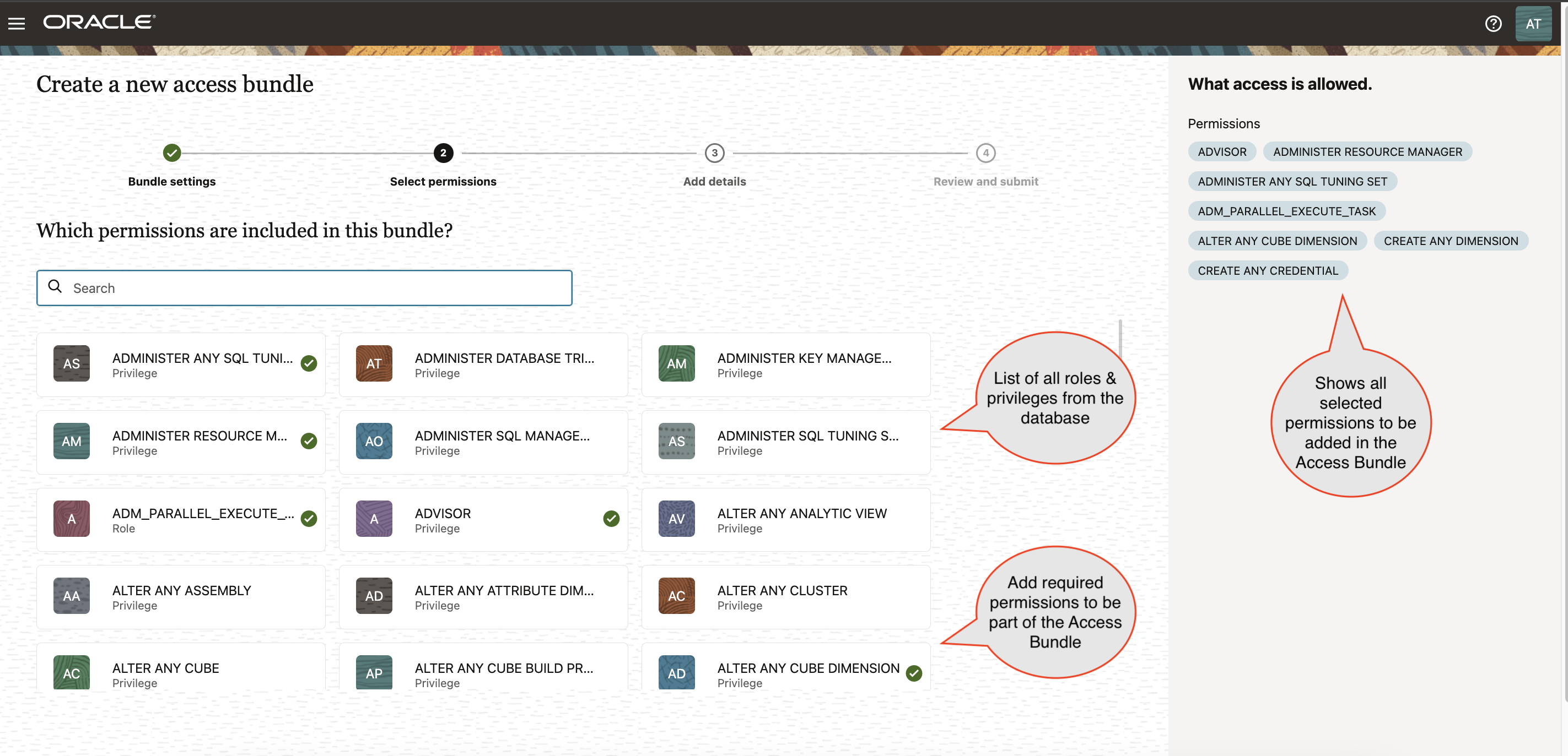 Selecting permissions while creating an access bundle