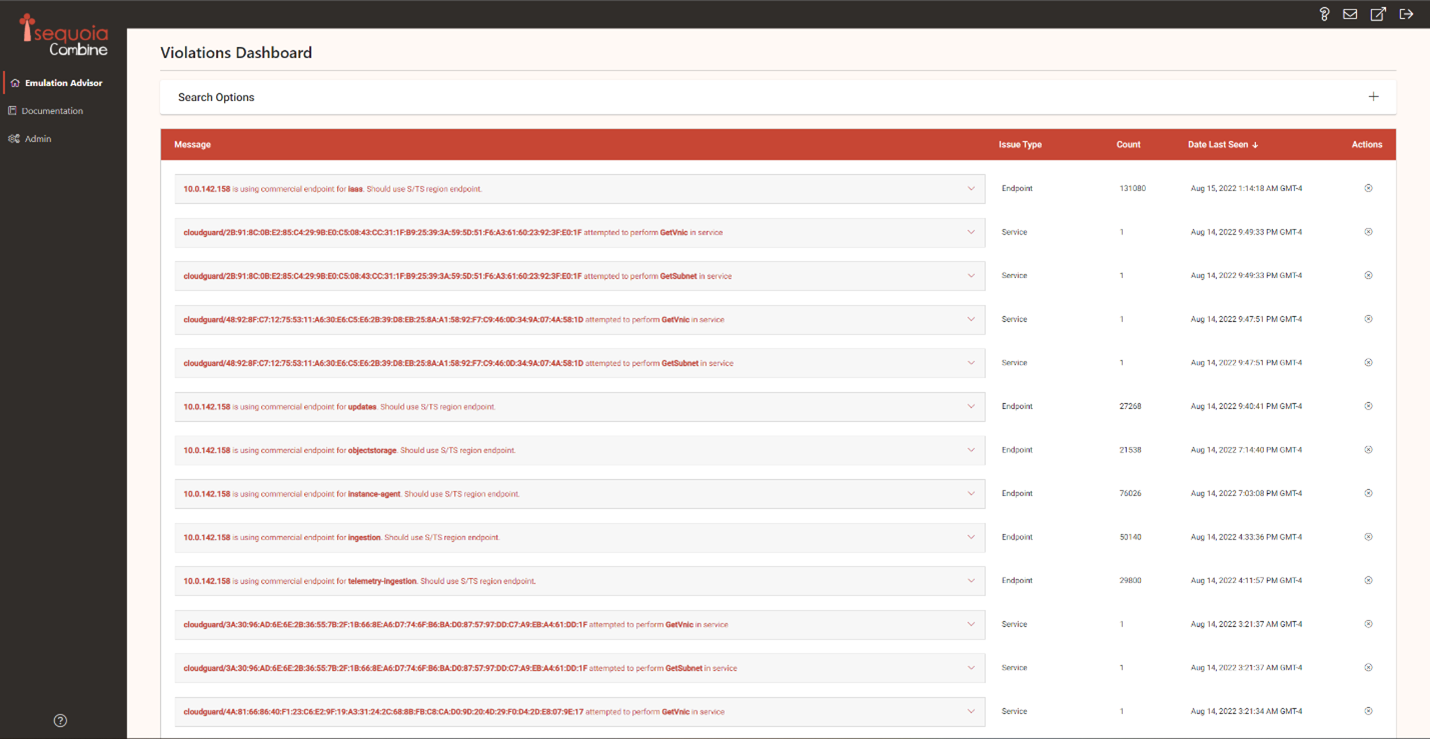 A screenshot of the Violations Dashboard of Sequoia Combine, which lists several identified incompatibilities.