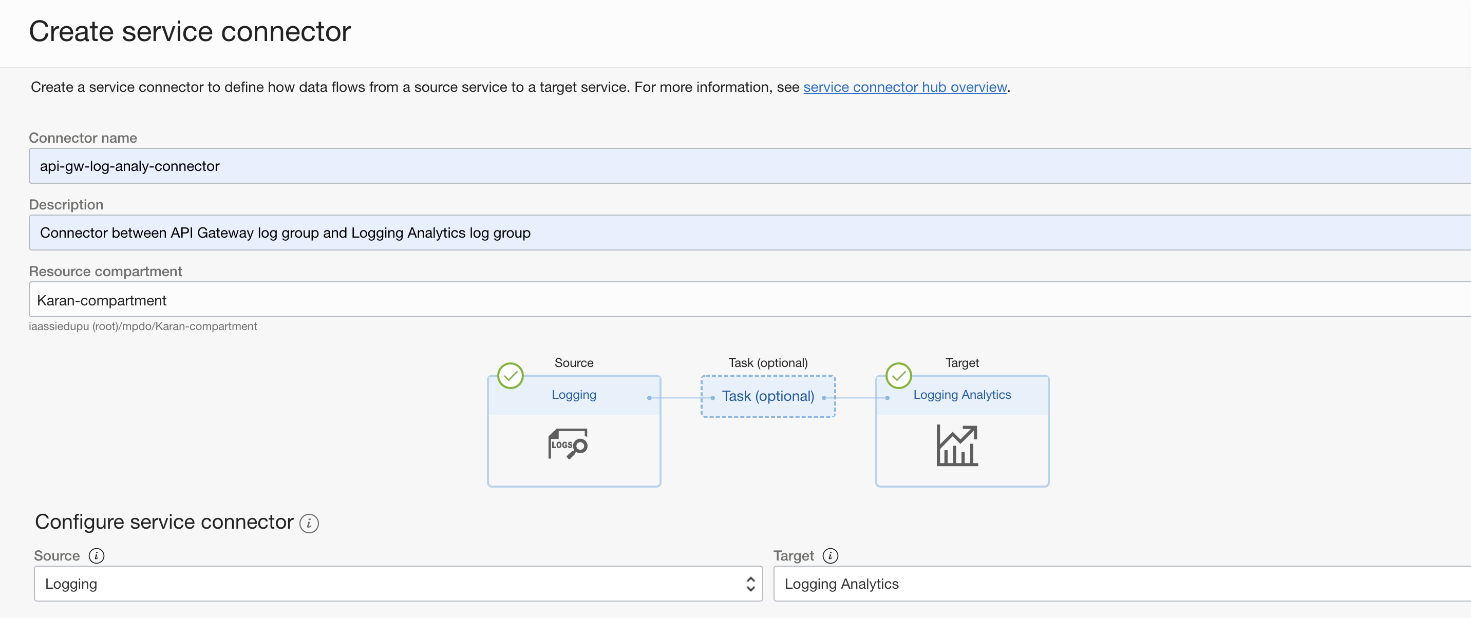 A screenshot of the Create Service Connector page.
