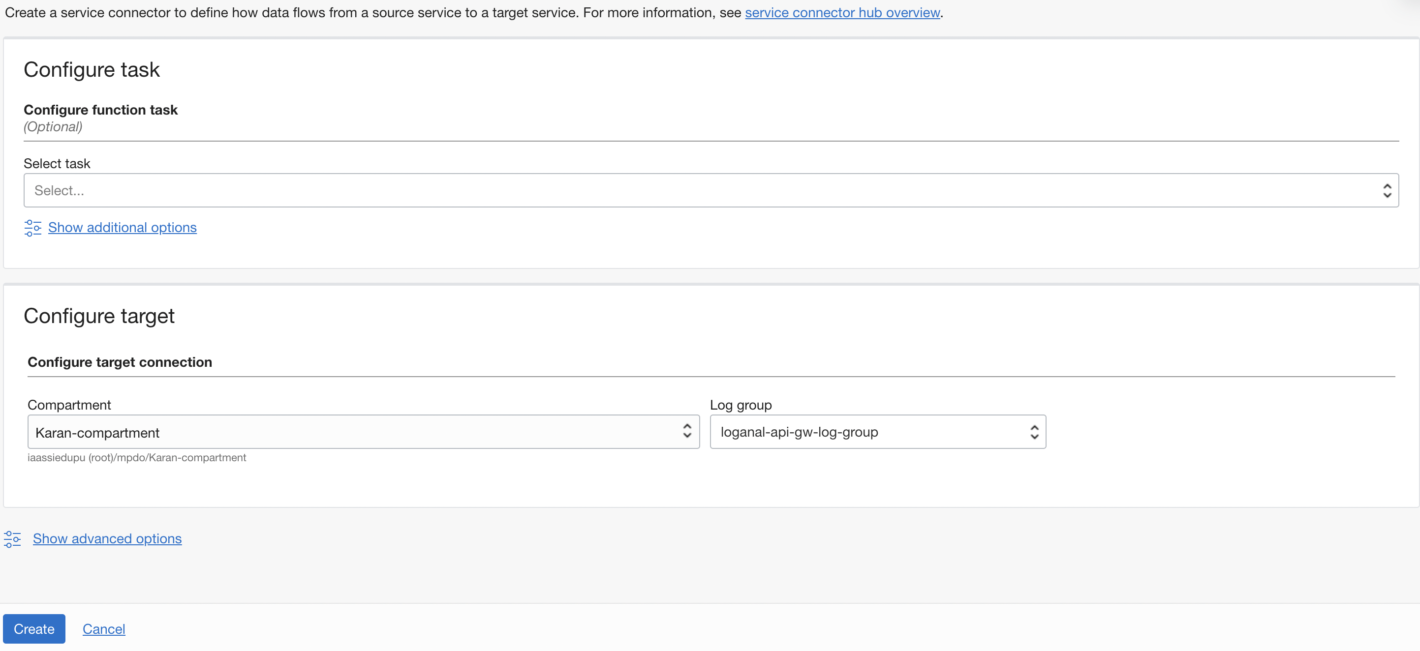 A screenshot of the Configure task and Configure target sections with details filled in.