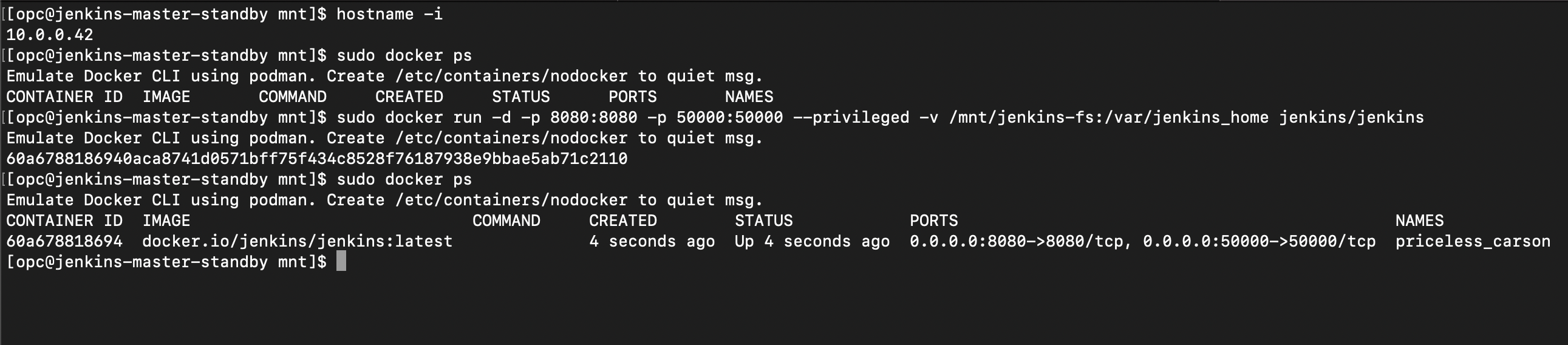 A screenshot of the code output for starting the Jenkins server.