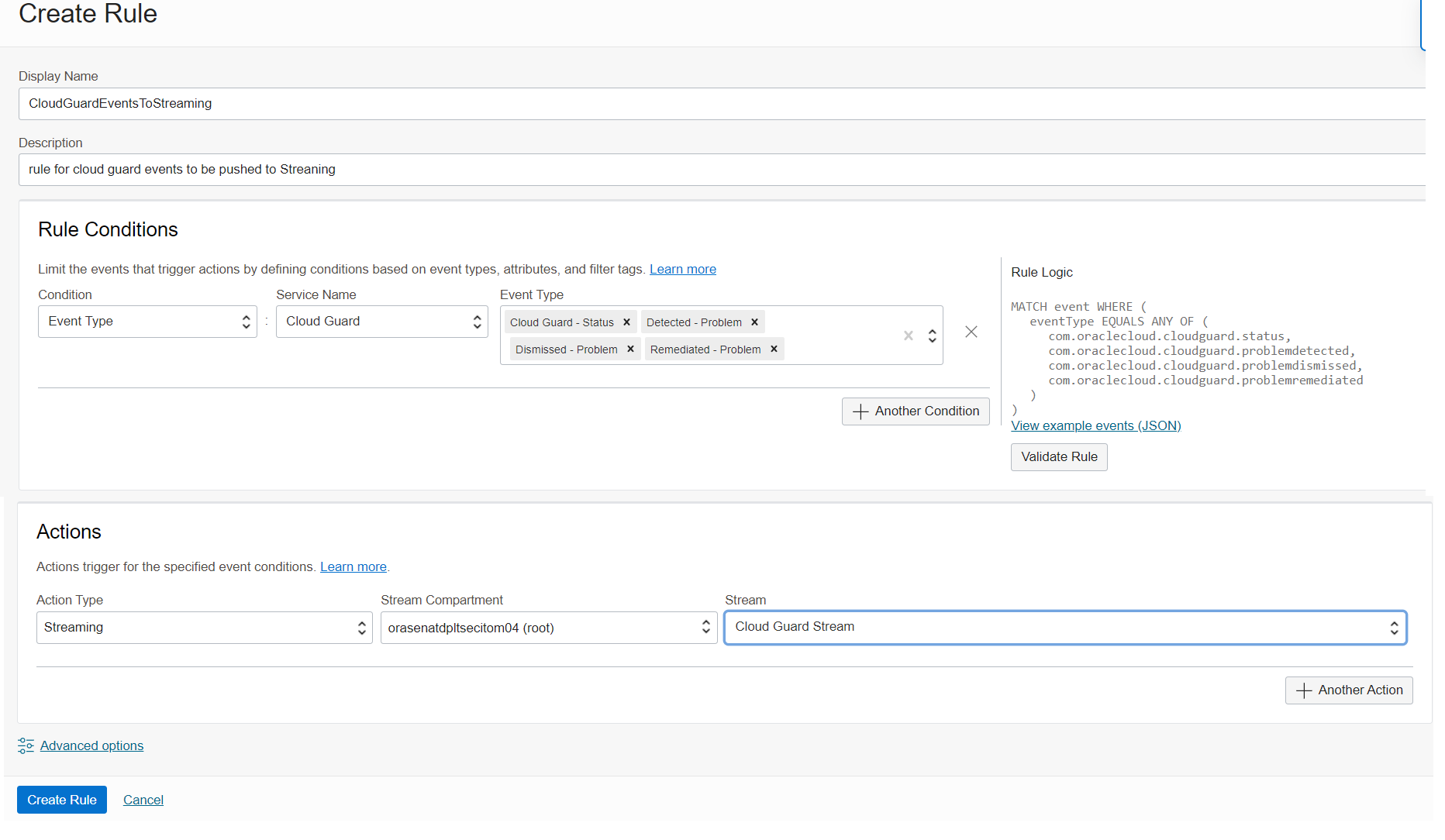 A screenshot of the Create Rule page with the parameters selected and fields filled in.