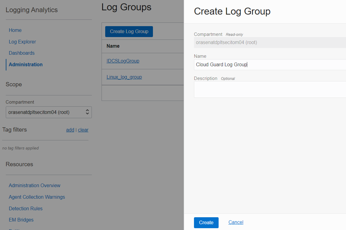 A screenshot of the Create Log Group window.