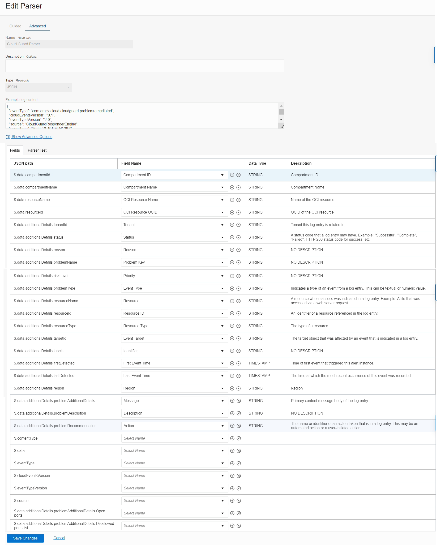 A screenshot of the Edit Parser screen.