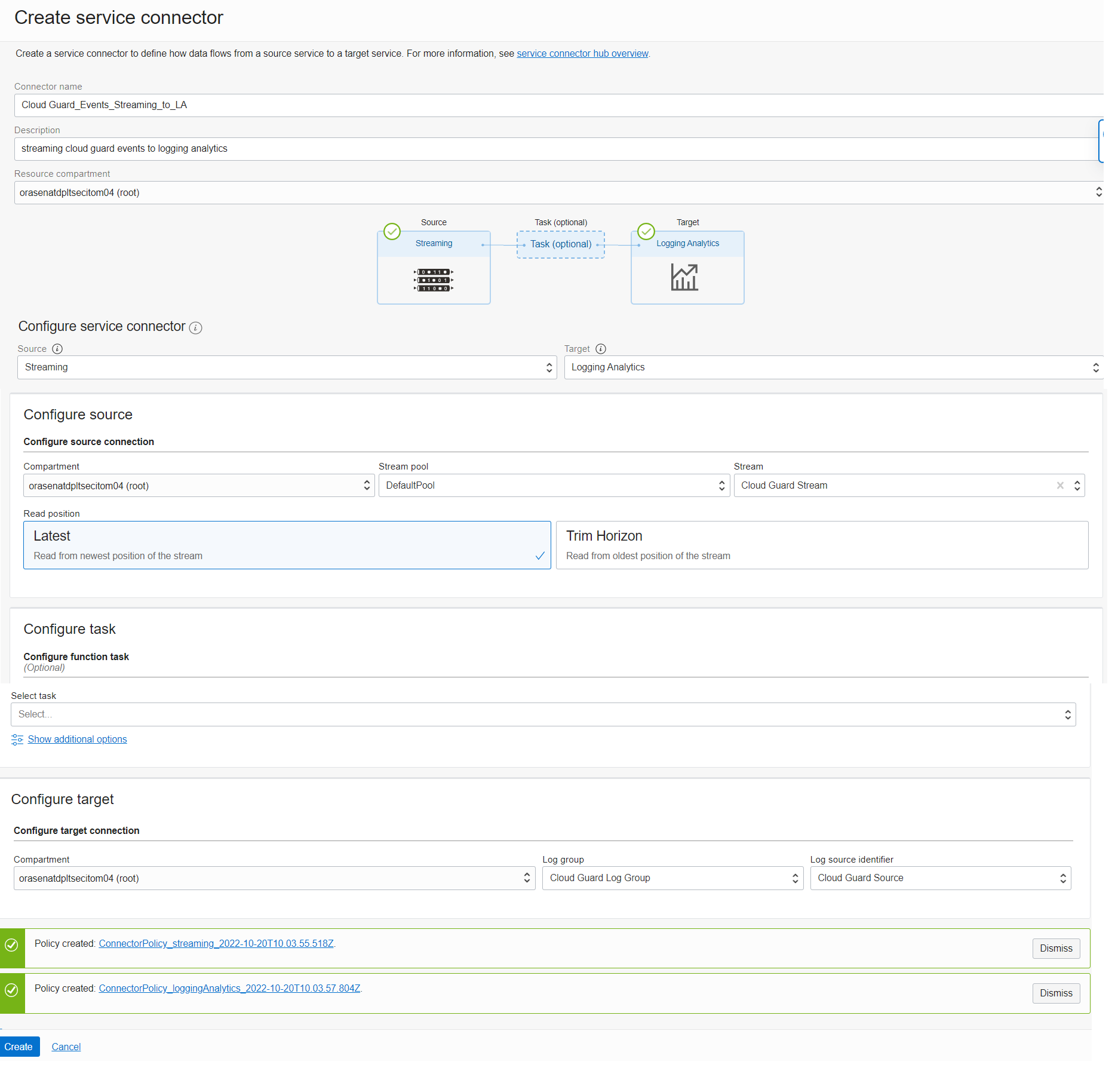 A screenshot of the Create Service Connector page with fields filled in.