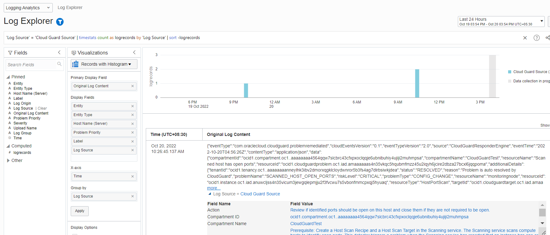 A screenshot of the Log Explorer page, showing the fields, visualizations, and original log content.