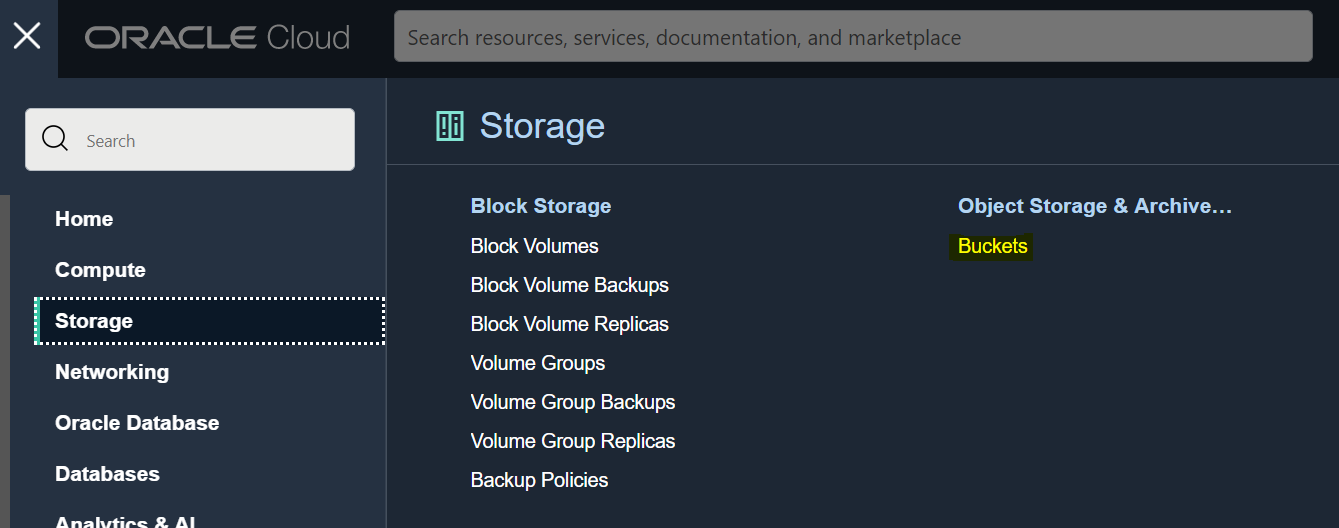 A screenshot of the Storage tab open in the Oracle Cloud Console.