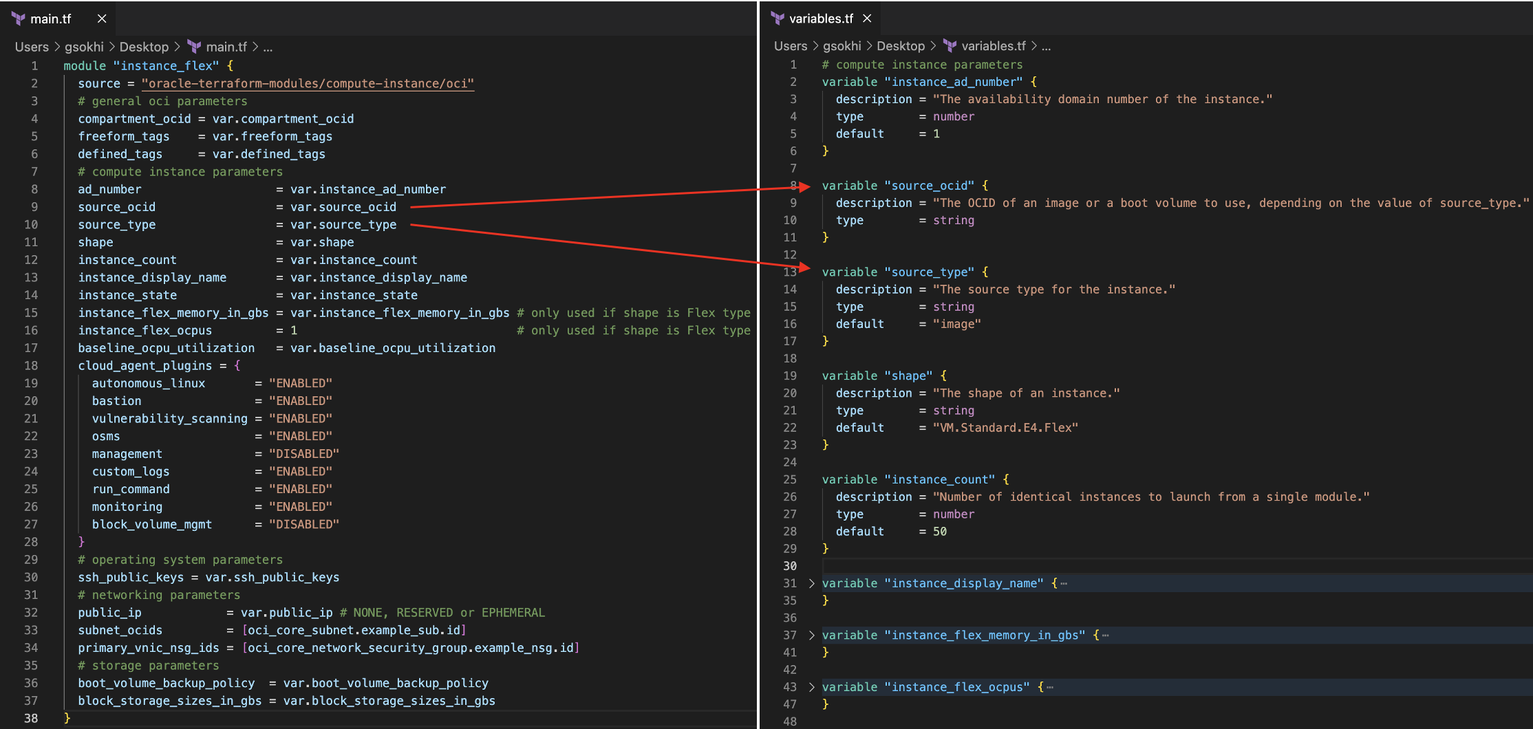 A screenshot of the code for main.tf and variables.tf in Terraform.