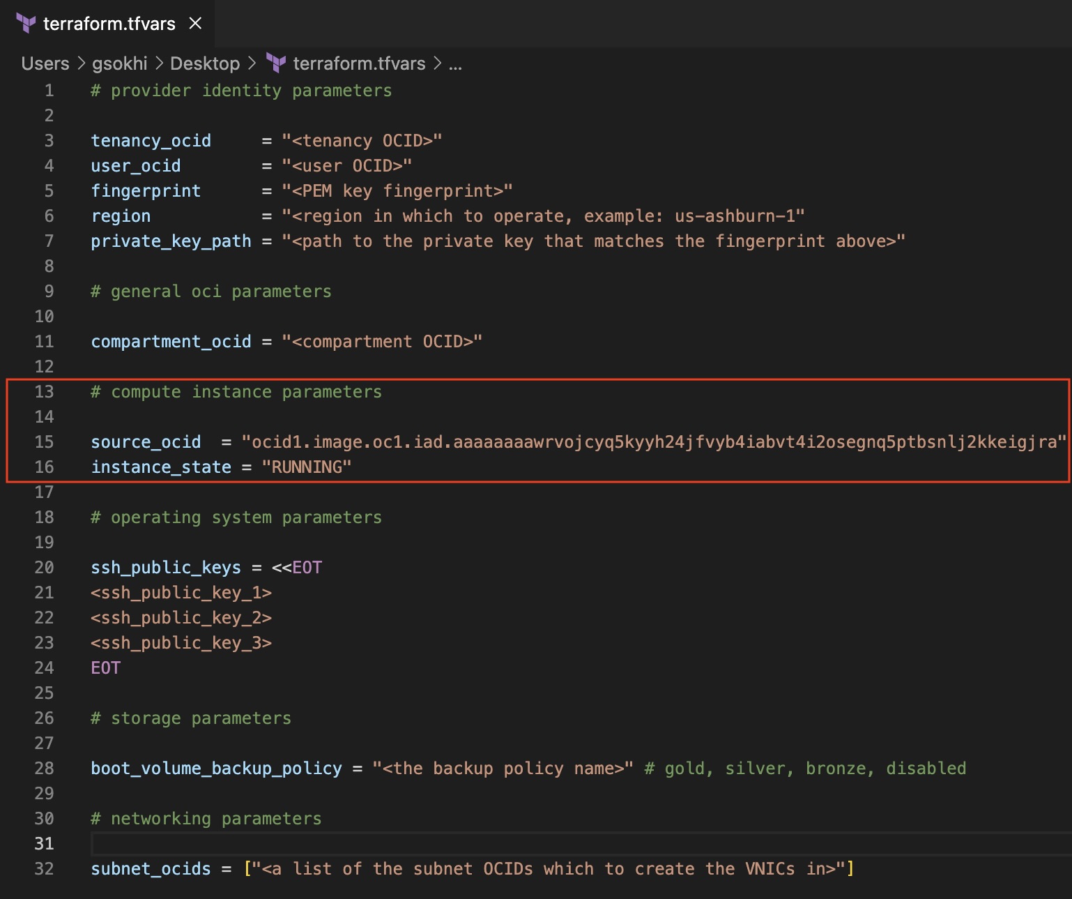 A screenshot of the terraform.tfvars code details in Terraform.
