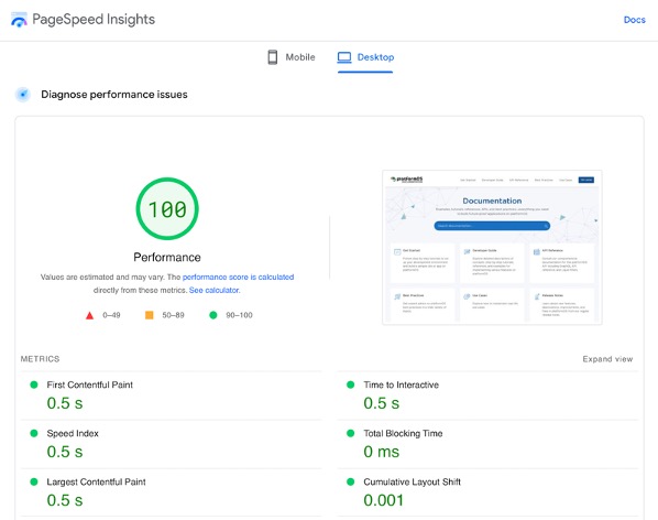 A screenshot of the PageSpeed Insights analytics of platformOS documentation site.