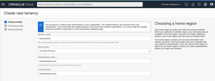 A screenshot of the Create new tenancy page.