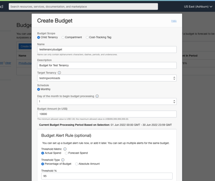 A screenshot of the Create Budget window with fields filled in.