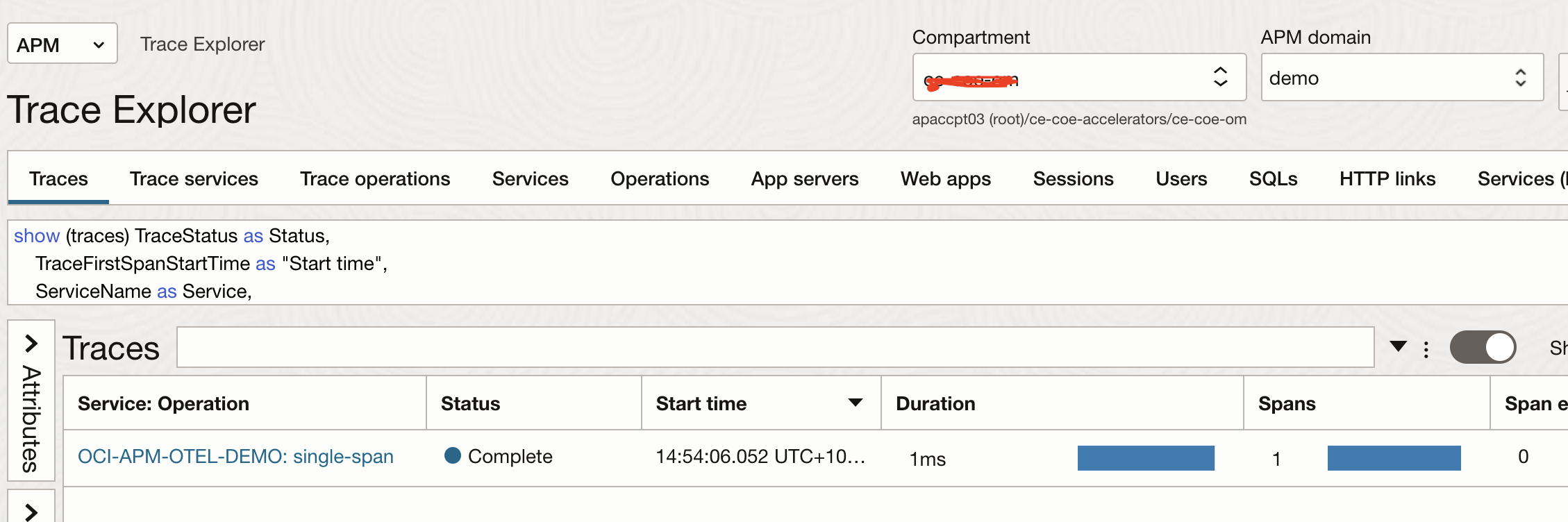 A screenshot of the Trace Explorer screen in the Oracle Cloud Console, showing the traces available.