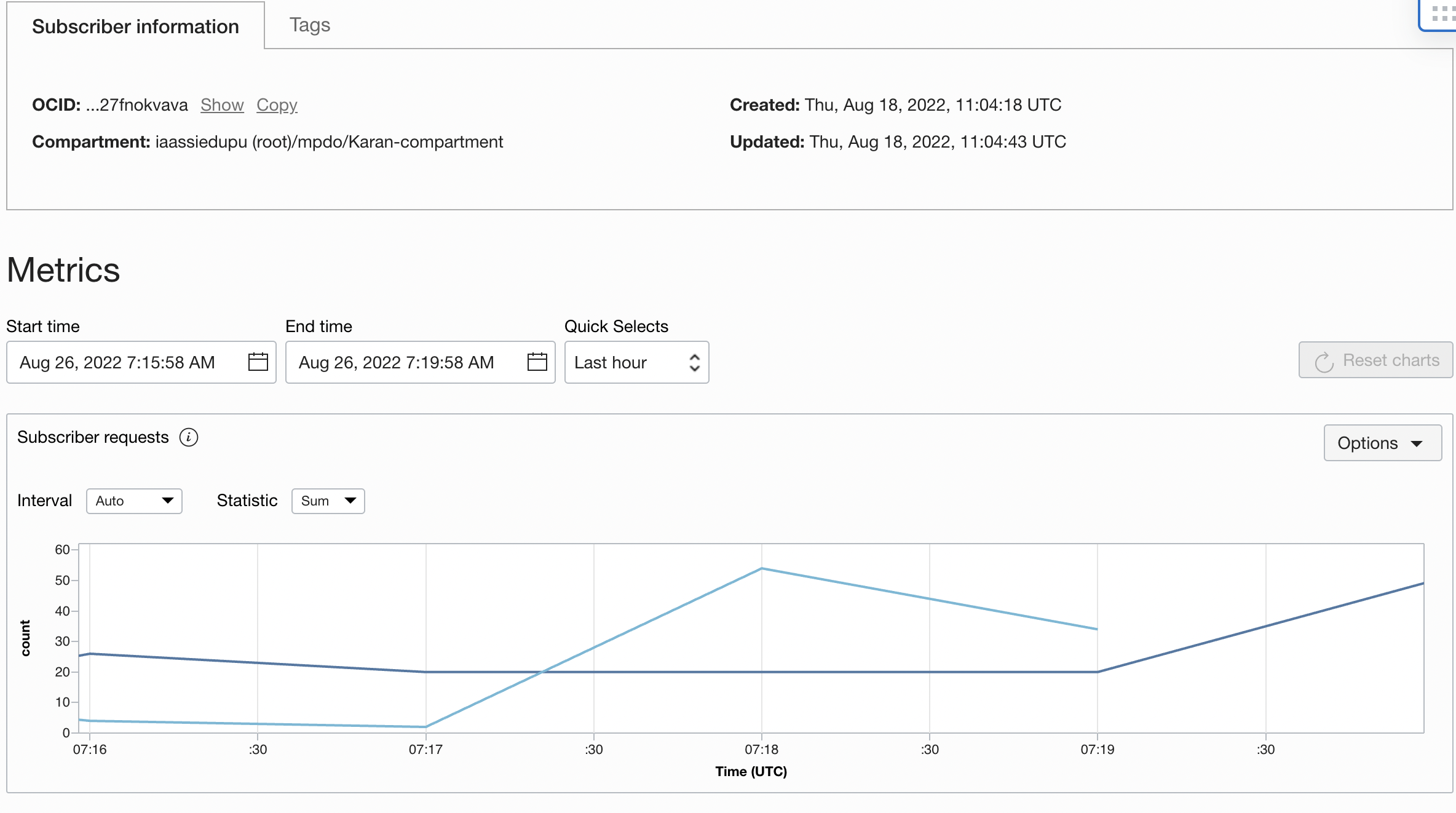 A screenshot of the subscriber usage metrics in the Oracle Cloud Console.