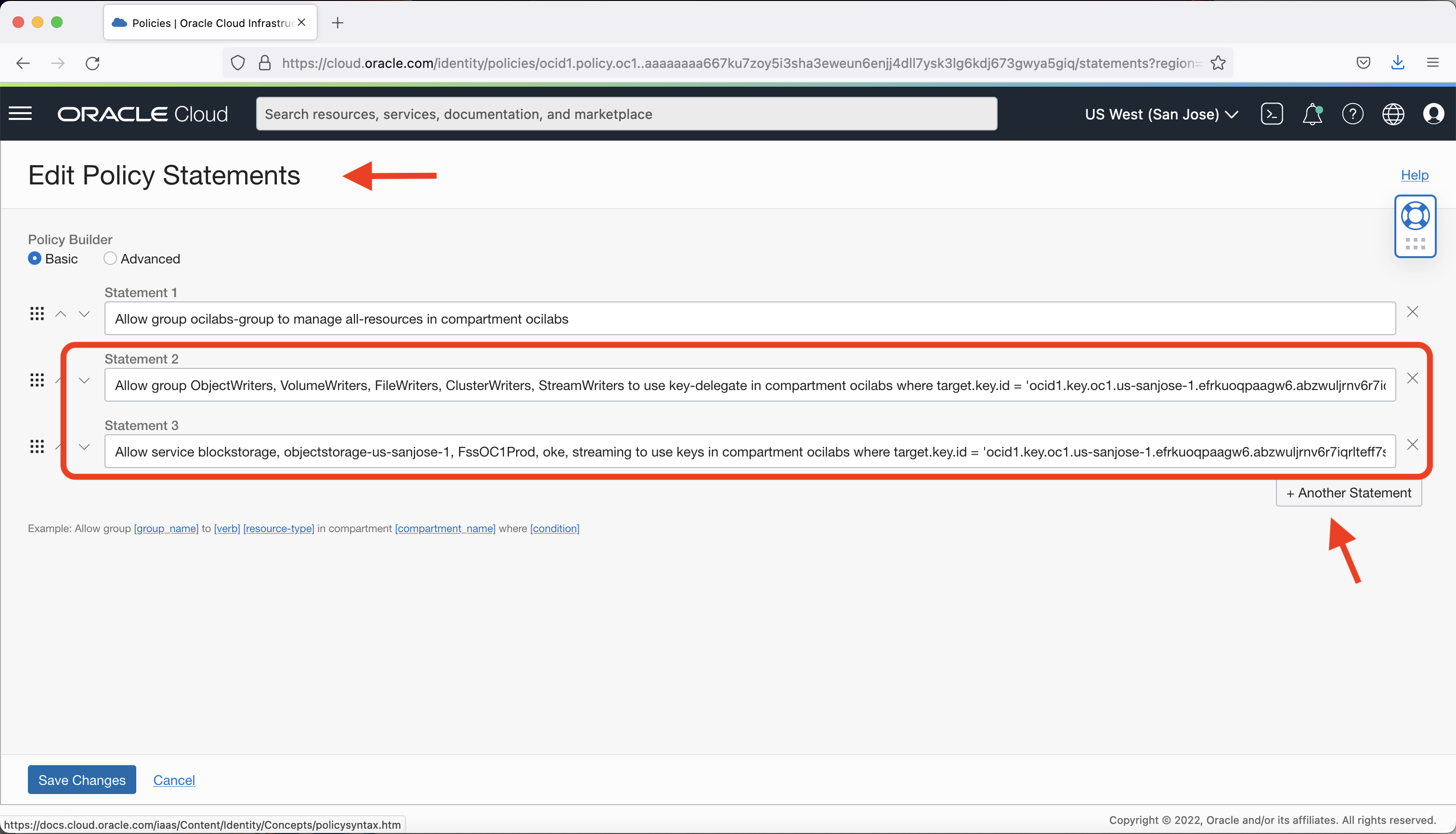 A screenshot of the Edit Policy Statements page with the statements outlined in red.