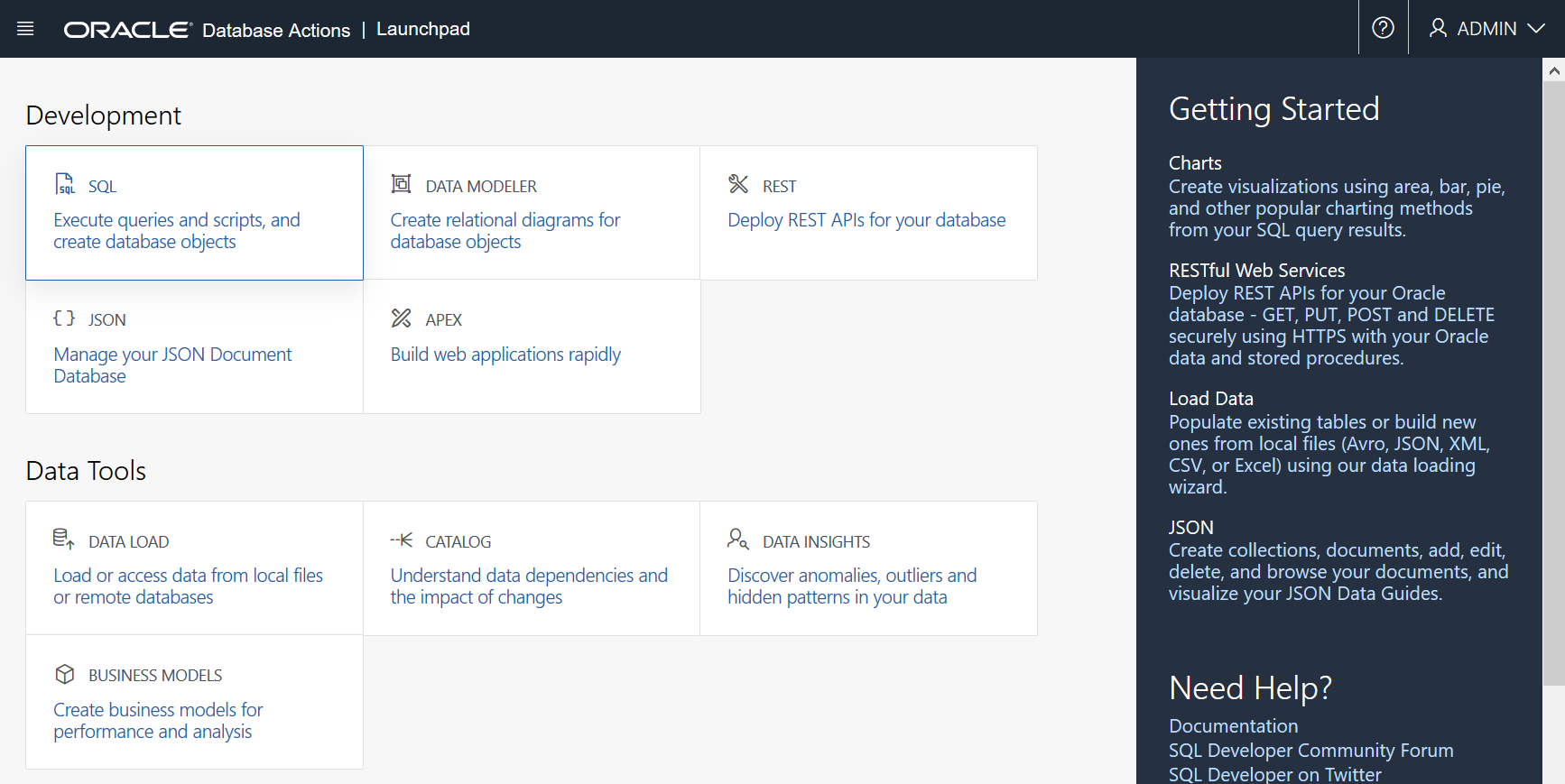 Database Actions Launchpad Page