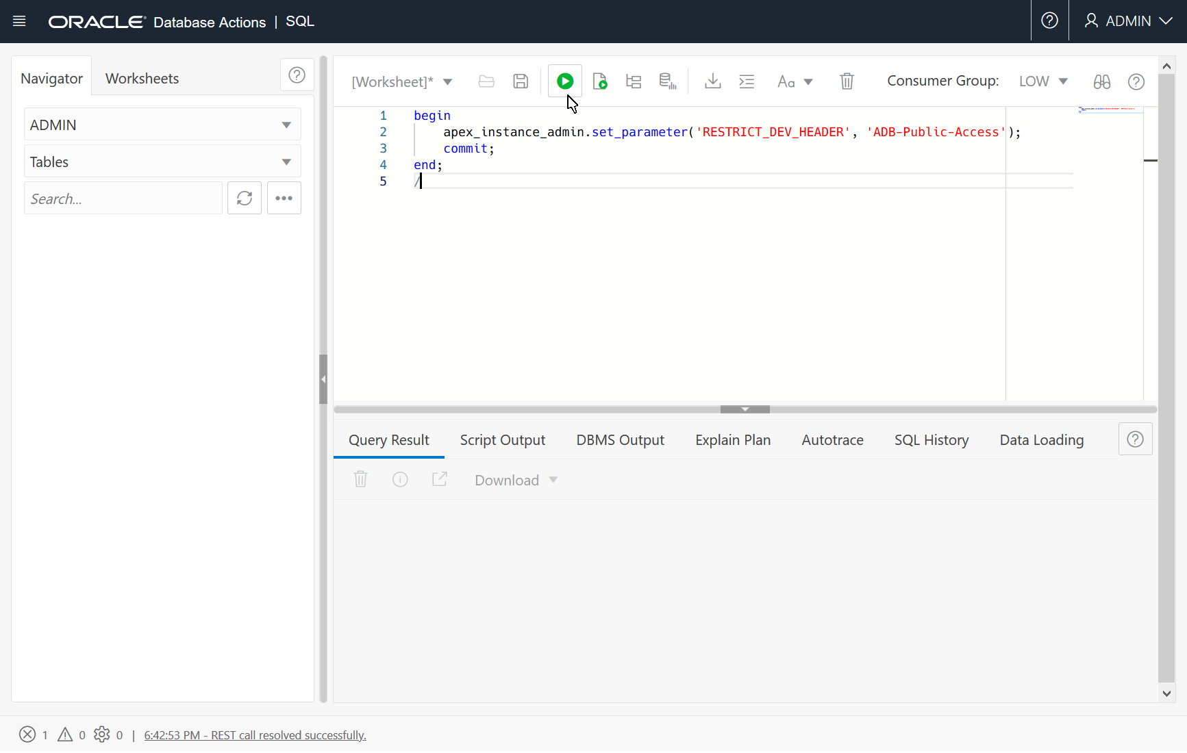 SQL Worksheet with Code Snippet