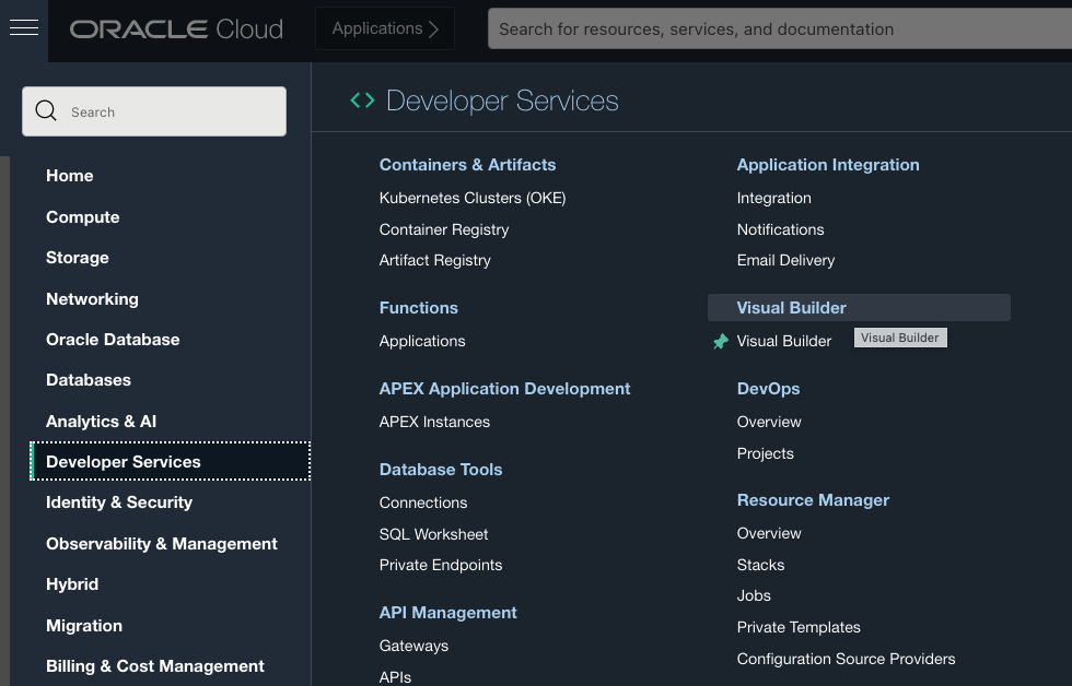 A screenshot of the Visual Builder menu location in the Oracle Cloud Console.
