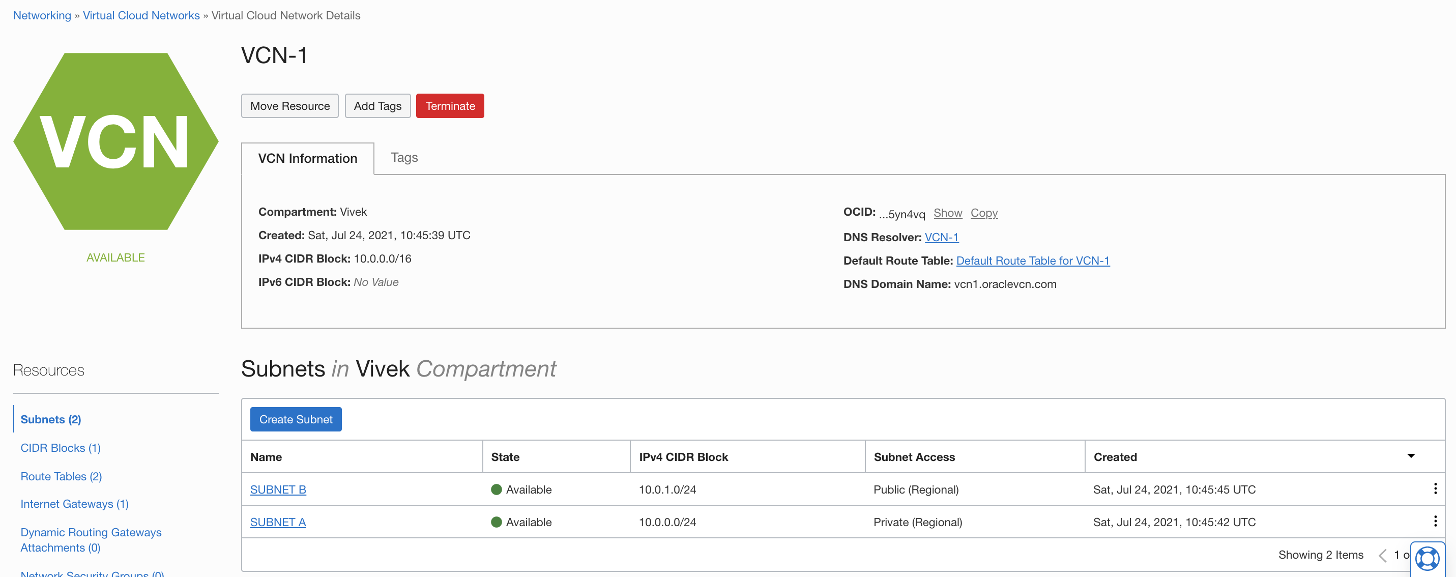 A screenshot of the details of the created VCN, VCN-1, in the OCI Console.